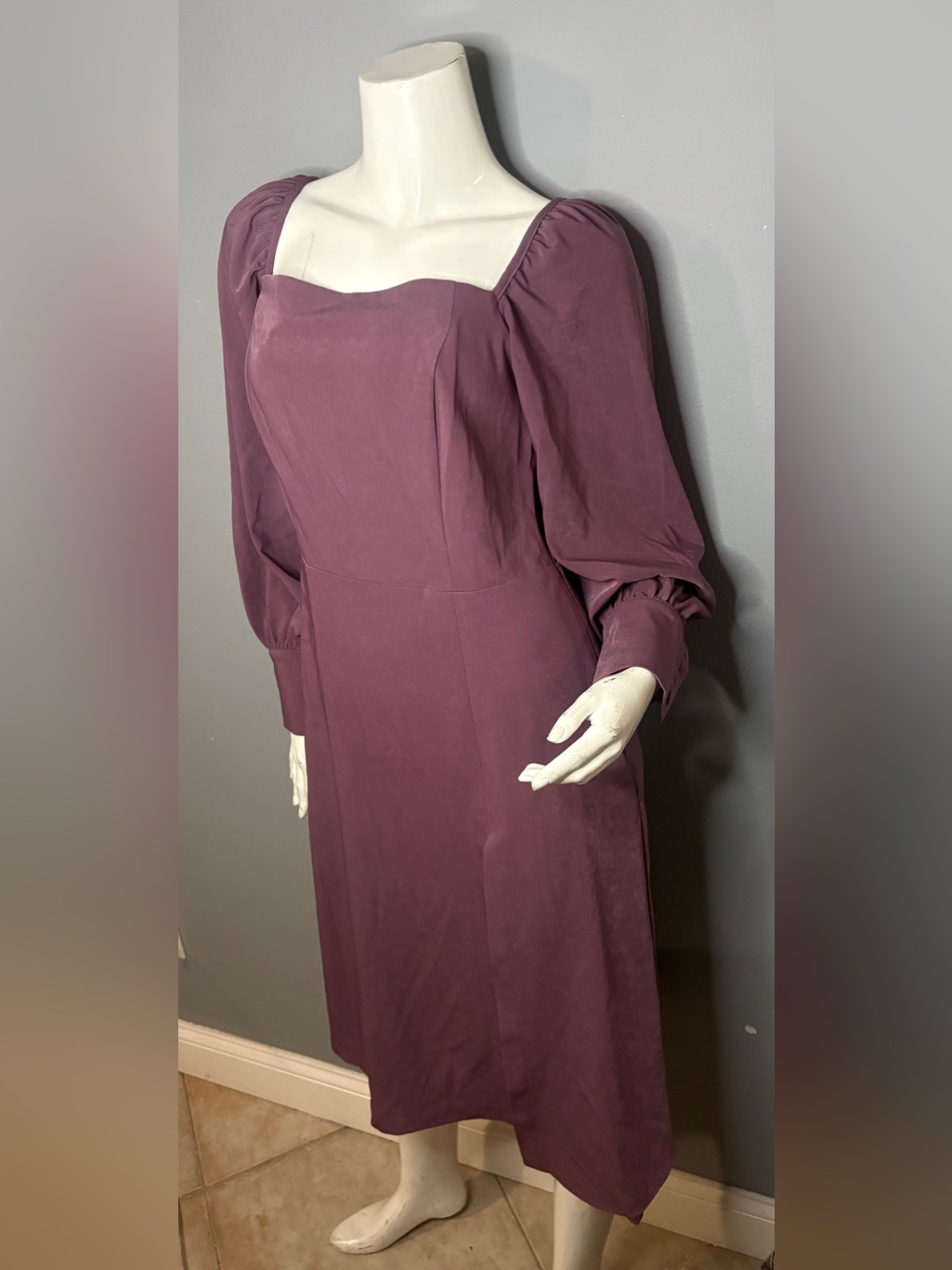 Plum Long-Sleeve Square Neck Midi Dress With High Slit — image 4 of 8
